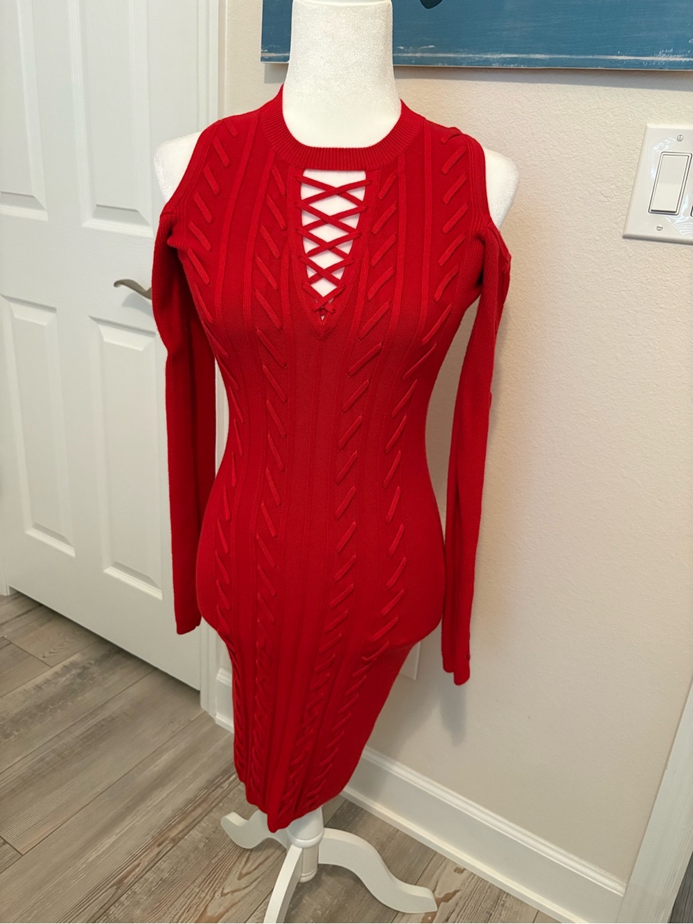 Guess Red Long-Sleeve Cold-Shoulder Lace-Up Knit Dress